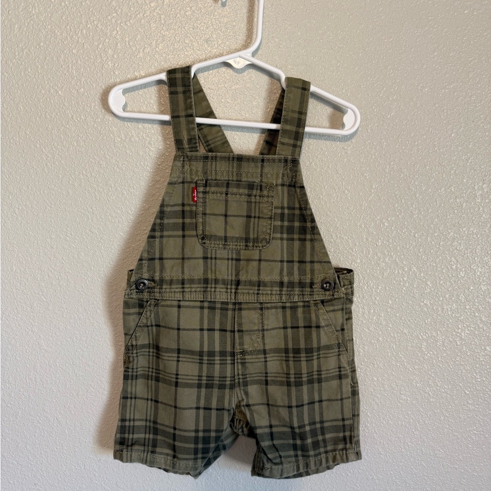 Levi's Olive Green Plaid Short Overalls for Kids